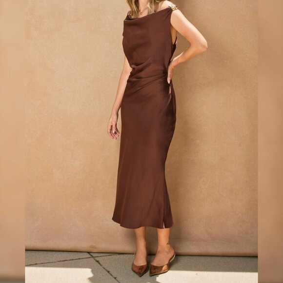 COMING SOON MY HONOR BROWN SATIN OFF SHOULDER MIDI DRESS - Picture 3 of 3
